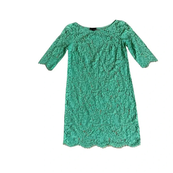 Turquoise Lace Mini Dress Sheath Sheer 3/4 Sleeveless long Crew neck Size 6 - Picture 1 of 9